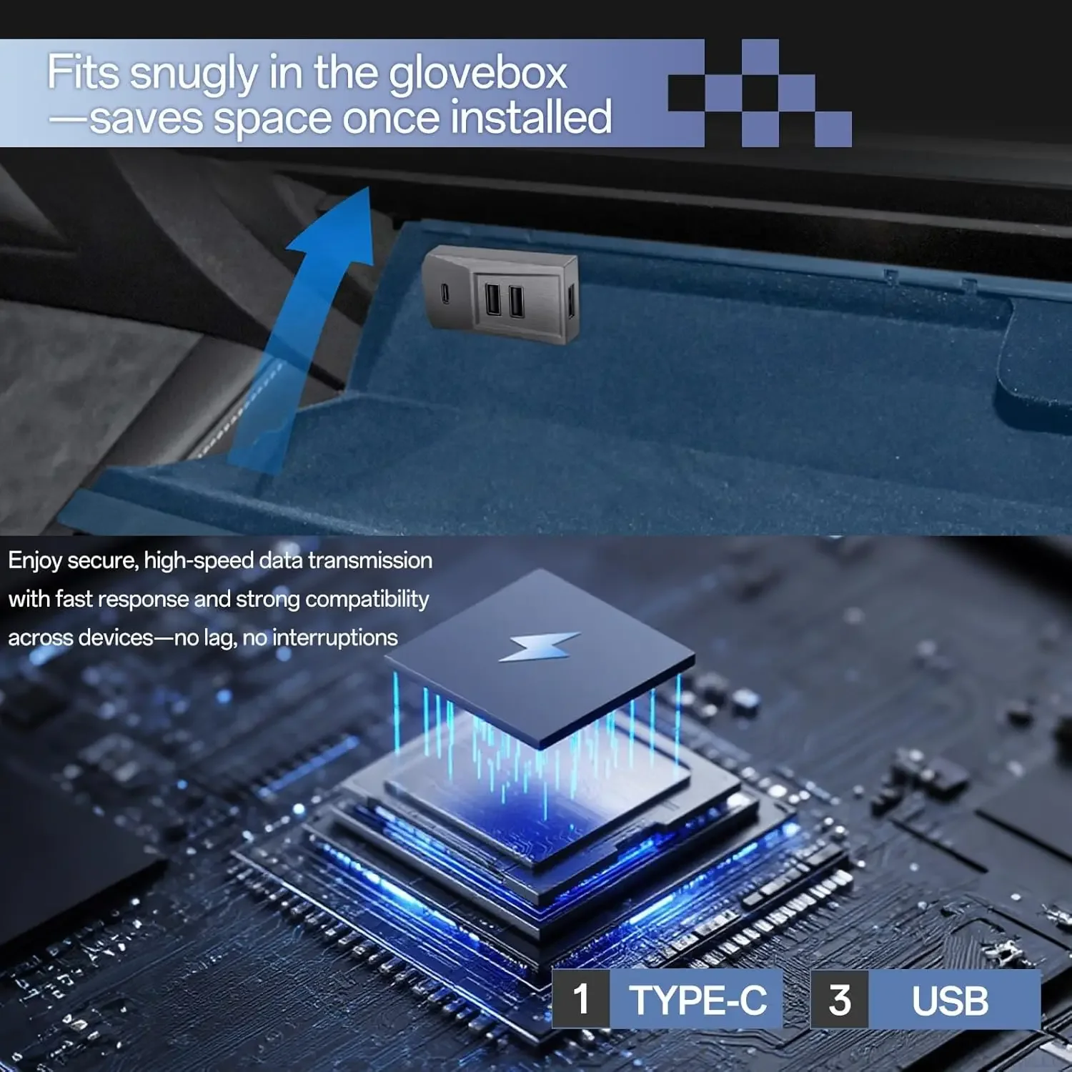 Luxuriöser 4-in-1 Handschuhfach-USB-Hub für Tesla Model YL Y Juniper 2025-2026 und Launch Model 3 Highland 2024-2026 – Detail 6