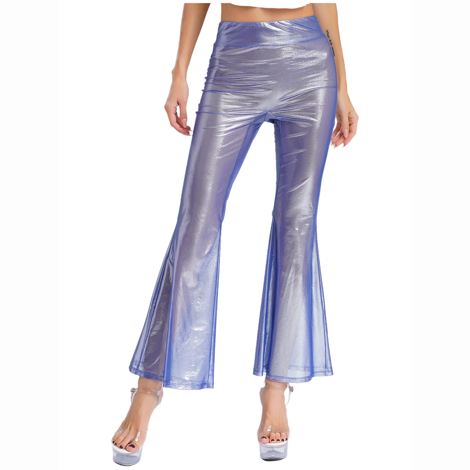

Women Fashion Flare Pants See Through Pants High Waist Flared Pants Shiny Metallic Bell Pants Rave Bar Nightclub Wear Trousers