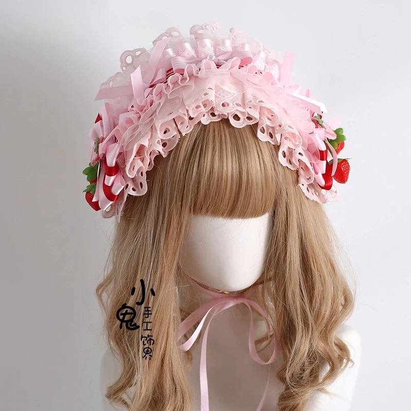

Original Pink Striped Headband Japanese Lolita Sweet Cute Versatile Cake Top Hat Handmade Bow Hand Sleeve Hairbows for Girls