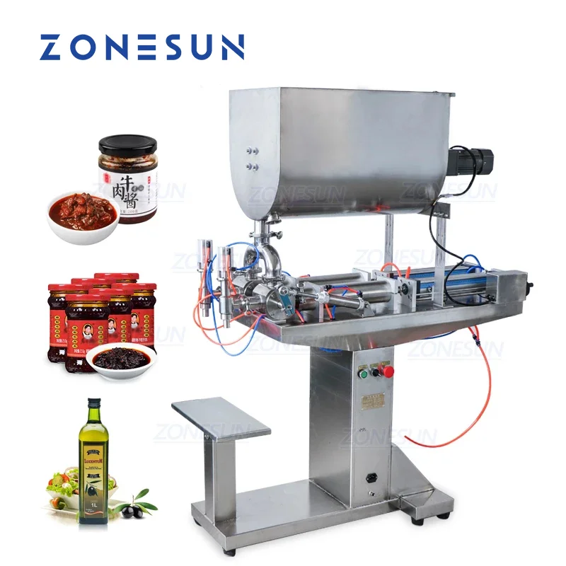 

ZONESUN 2-Head Filling Machine with Mixing Function Chocolate Sauce Curry Paste Peanut Butter Bottle Filler for Viscous Fluids