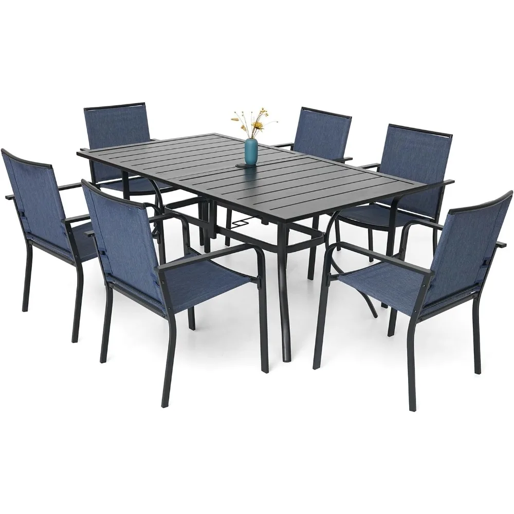 

7-Piece Outdoor Patio Dining Set, 6 Stackable Patio Chairs & Rectangular Dining Table with All Weather Frame Furniture Set - Nav