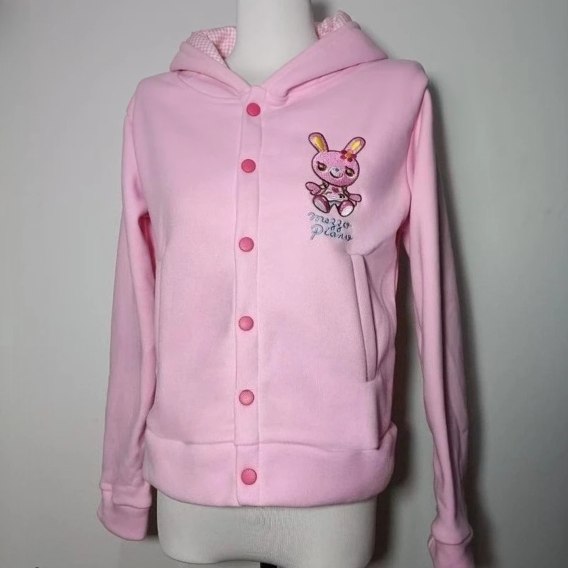 Cappotti con cappuccio con orecchie da coniglio stile Lolita giapponese Kawaii Giacca con bottoni ricamati dolce cartone animato Y2k Top da donna con tasca grunge estetica