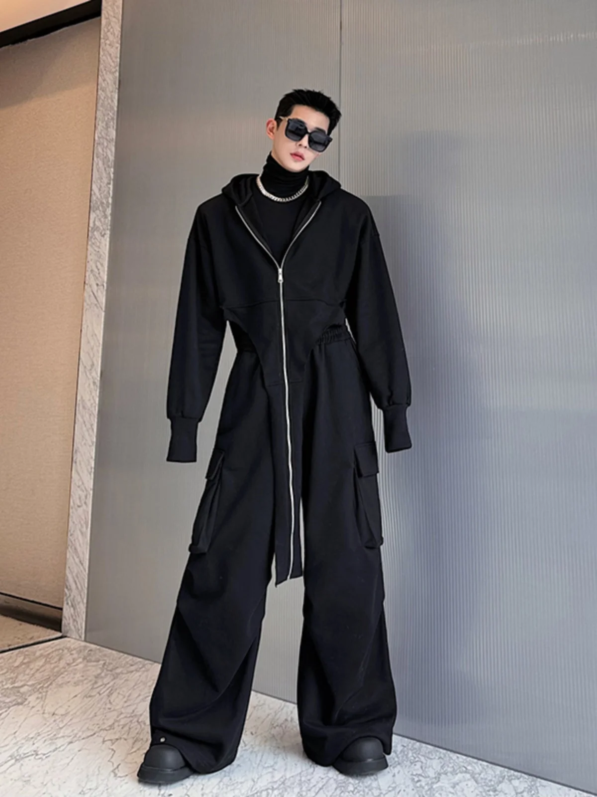 

Spring Faion Long Zipper Hoodie Men's Wide Leg Pants Set with Big kets Irregular Cutout Design Youth Long Sve Outfit