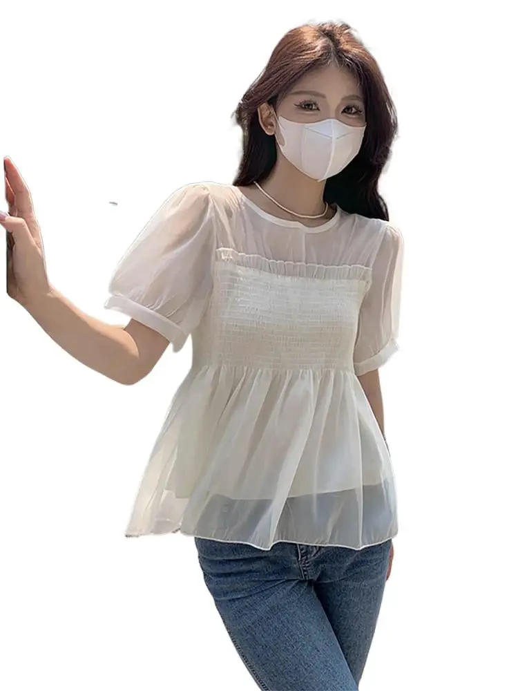 

French Elegant Short Sleeve Shirts Summer O-Neck Lyocell Tops Women Temperament Thin Blouses Female Casual High Street Top