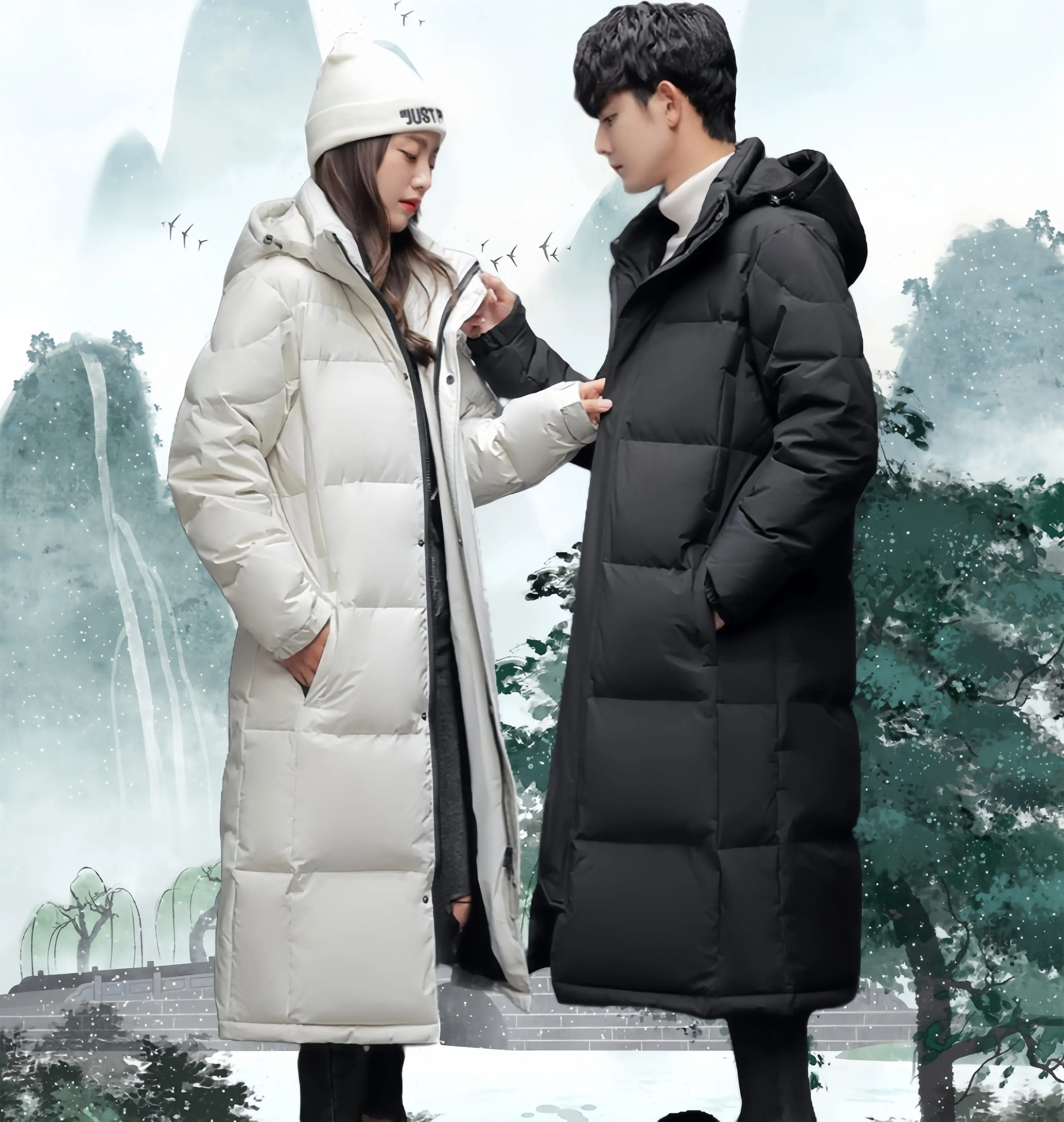 Light Luxury White Duck Down Jacket  Couple Winter Fashion Hooded Long Over-the-Knee Parka Casual Windproof Male Down Jacket