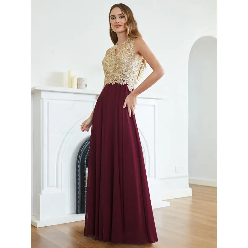 Meekiss Elegant V-Neck Sleelvess Bridesmaid Dress A Line Sparking Gold Appqulies Prom Dress Chiffon Gown 24-hour shipping