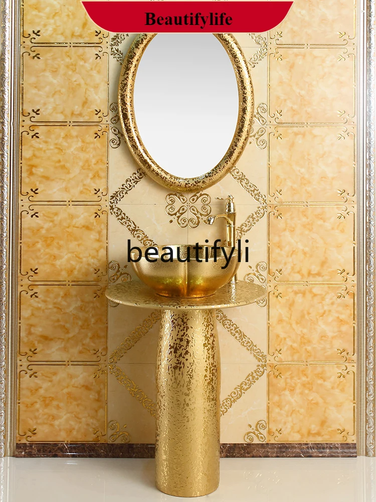 

F185 European art column wash basin bar floor-to-ceiling washbasin ceramic gold integrated wash basin