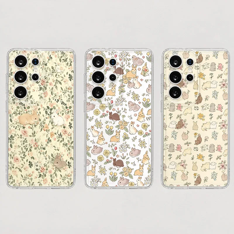 Ditsy Flower Bunny Phone Case For Samsung Galaxy S26 S23 S22 S21 S24 S25 Ultra Plus FE A16 A17 A36 A53 A55 A37 A57 5G Cover