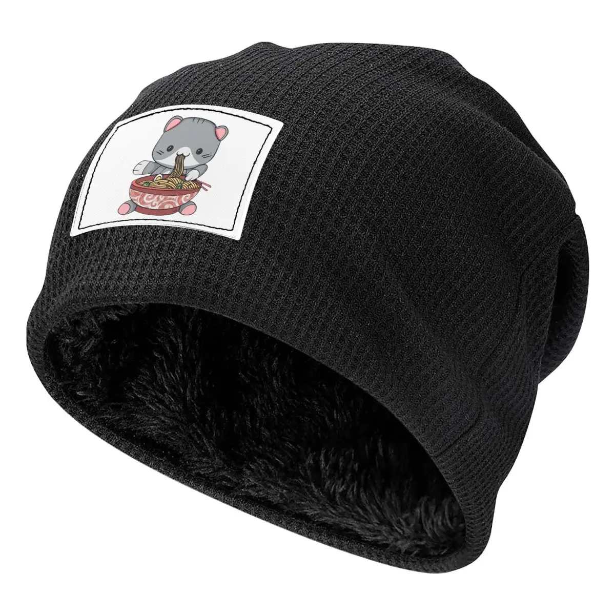 Kawaii Ramen Cat Waffle Knit Fleece Lined Beanie with PU Leather Patch Unisex Warm Winter Soft Cap