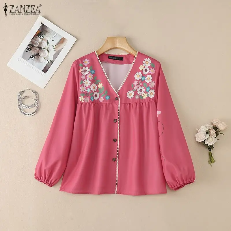 

ZANZEA Autumn Spring Printed Shirt Stylish Women Long Sleeve Floral Blouse Casual V Neck Buttons Tops Female Elegant Work Blusas