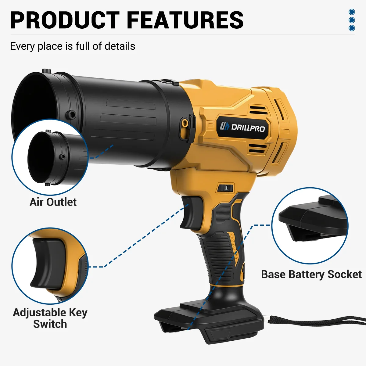 เครื่องเป่าลมไฟฟ้า Drillpro 2000W พัดลมแรงดันสูง กำจัดฝุ่น หิมะ ใบไม้ เครื่องเป่าลมไร้สายแบบเทอร์โบ เครื่องมือช่างแบบชาร์จไฟได้