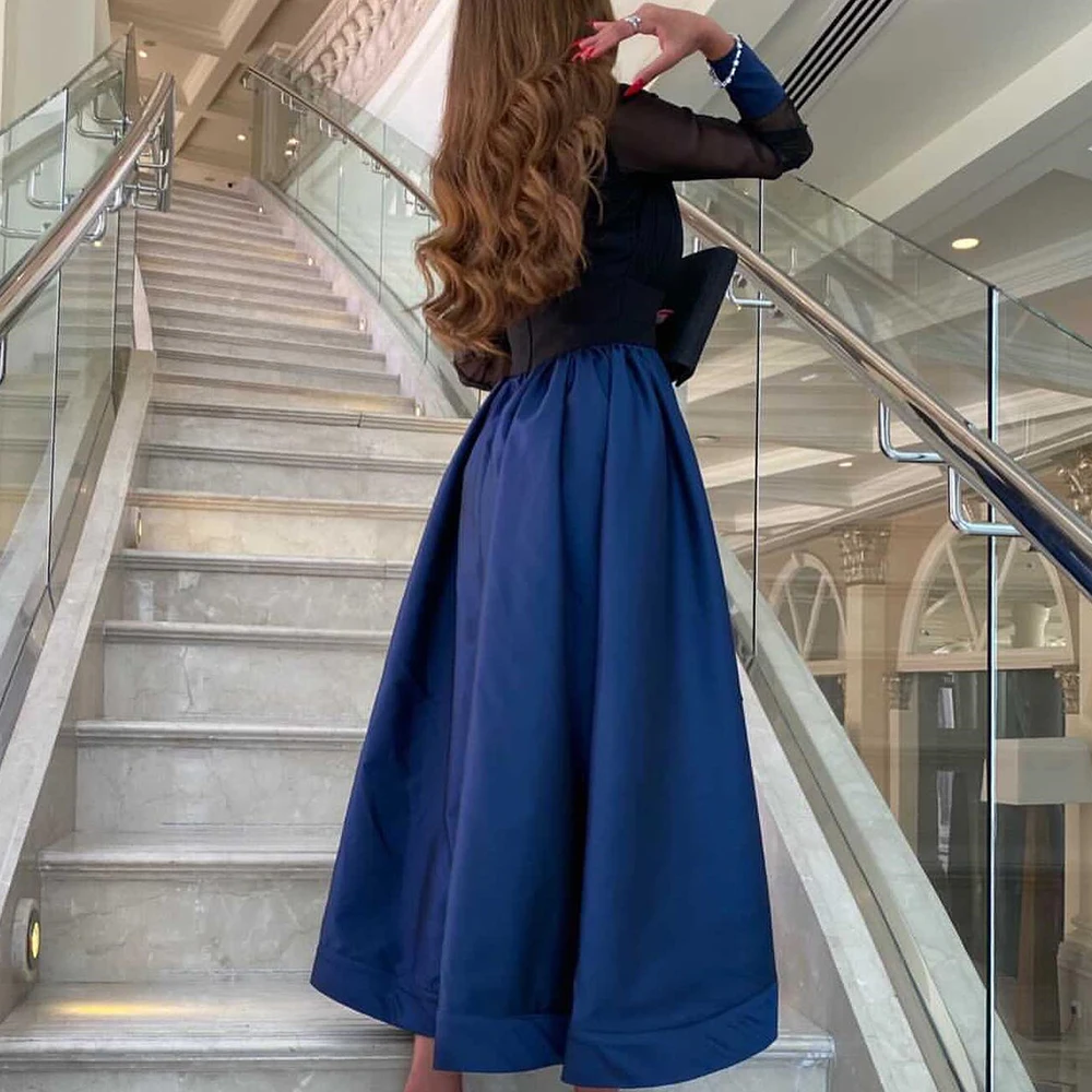 Customized Classic Tea Length V-Neck Evening Dress Temperament A-Line Long Sleeves Pleats Blue Party Dress Vestidos Para Mujer