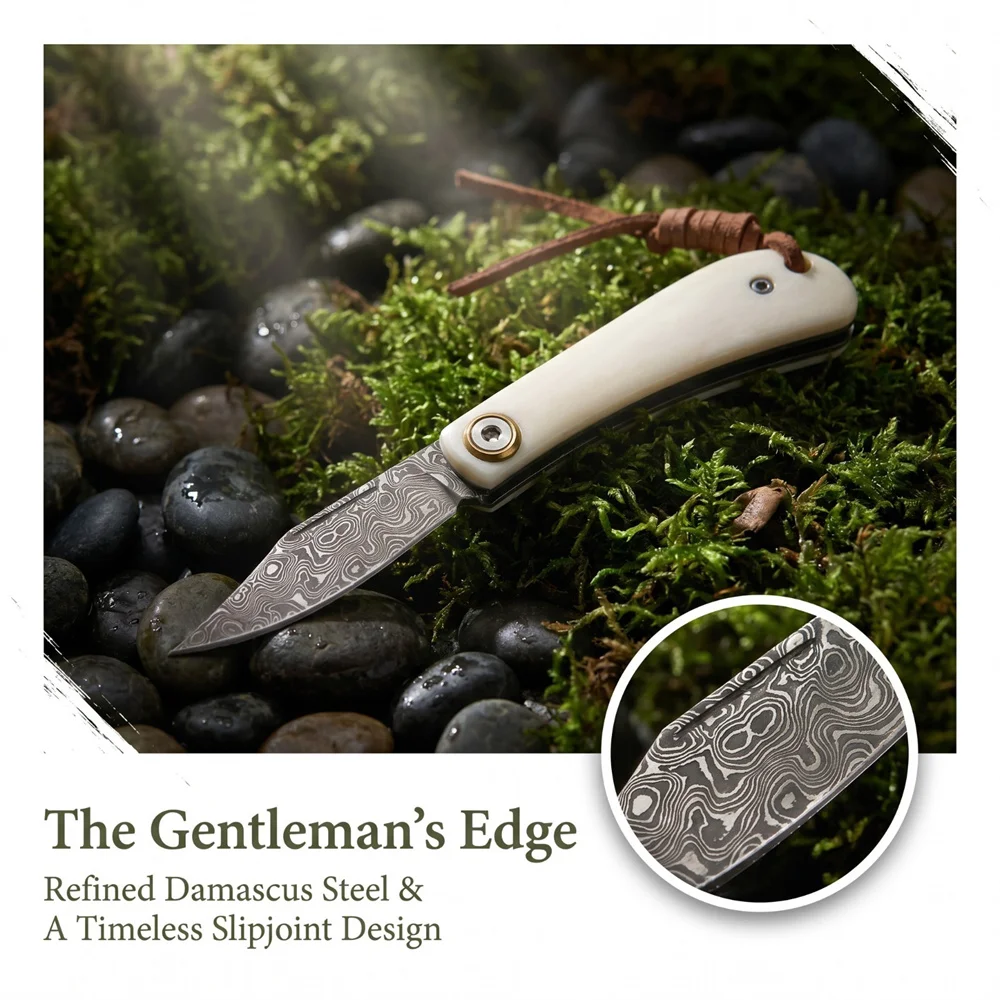 Vintage Damascus Folding EDC Pocket Knife Ivory Bone Handle, Compact Survival Camping Knife for Outdoor Hunting Collection Gift