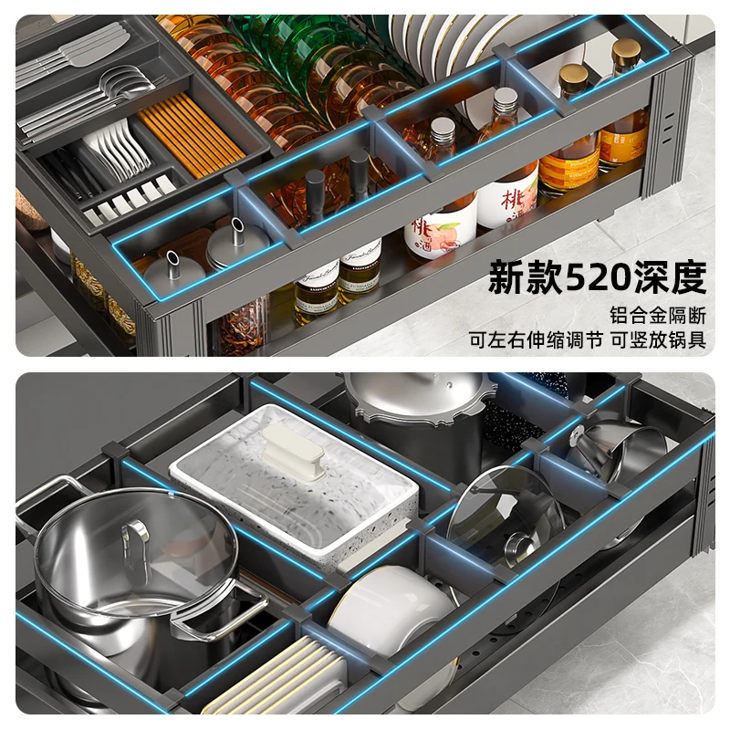 Pull basket kitchen cabinet 304 stainless steel drain bowl basket drawer type double layer cupboard damping slide pull blue