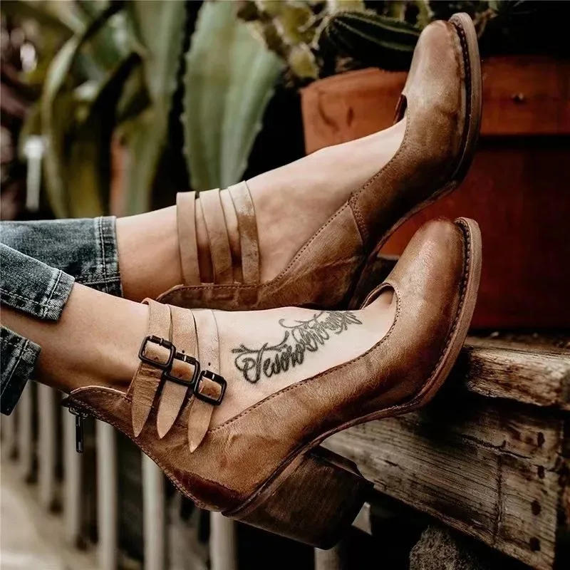 Shallow Mouth Classic Style Sandals Woman African Square Heel High Heel Shoes Chunky Casual Heels Lace Up Round Toe Straps Block