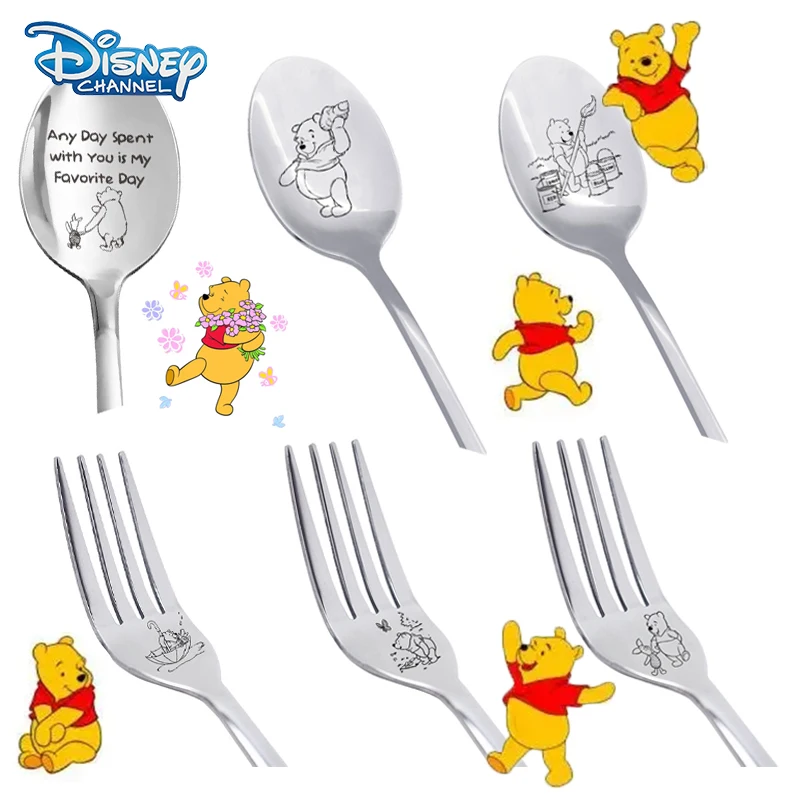 Disney Anime Winnie the Pooh Metal Stainless Steel Spoons Forks Kitchen Dinnerware Coffe Spoon Fruit Fork Cake Spoon Food Picks