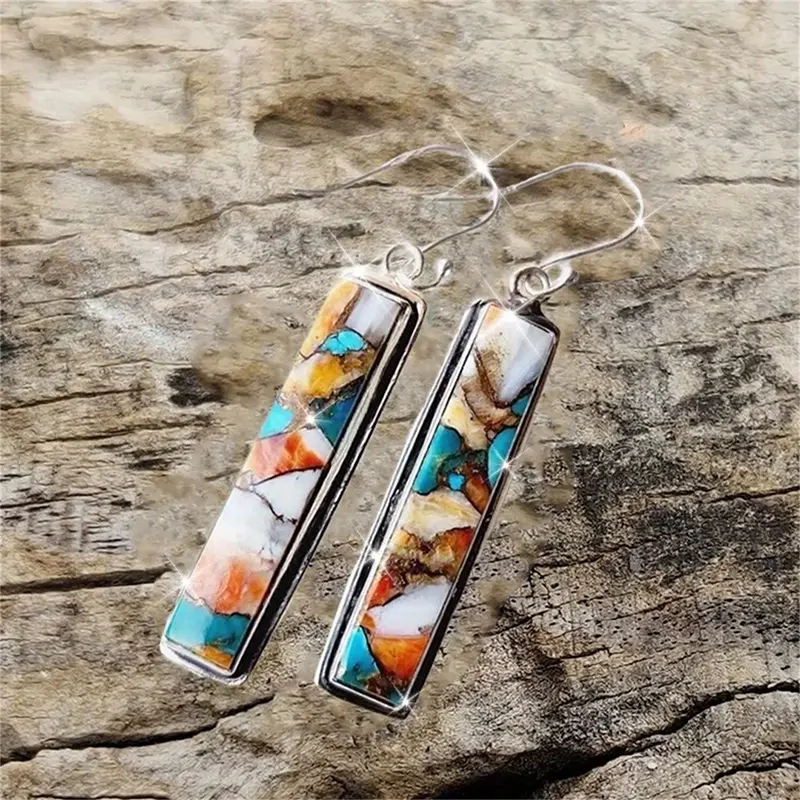 Creative Vintage Rectangle Turquoise Drop Earrings Personality Bohemian Style Geometric Earrings Party Jewelry Gifts