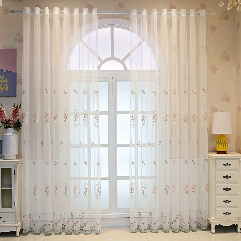 AnneyOneDecor Pink Lace Sheer Curtains Embroidered Window Treatment Pastoral Curtain Drapes Floral Voile Romantic Tulle Curtain