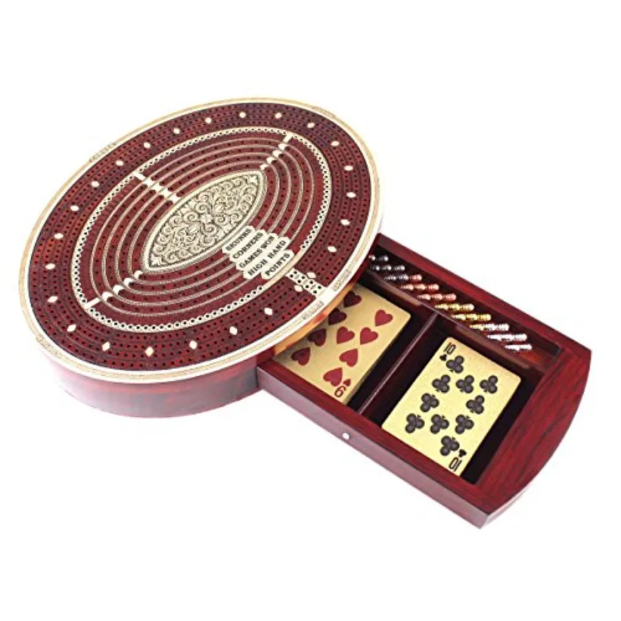 Tablero y caja de cribbage continuo de 4 pistas de forma ovalada en arce sanguíneo con lugar para rincones Skunks Won Games, mano alta y
