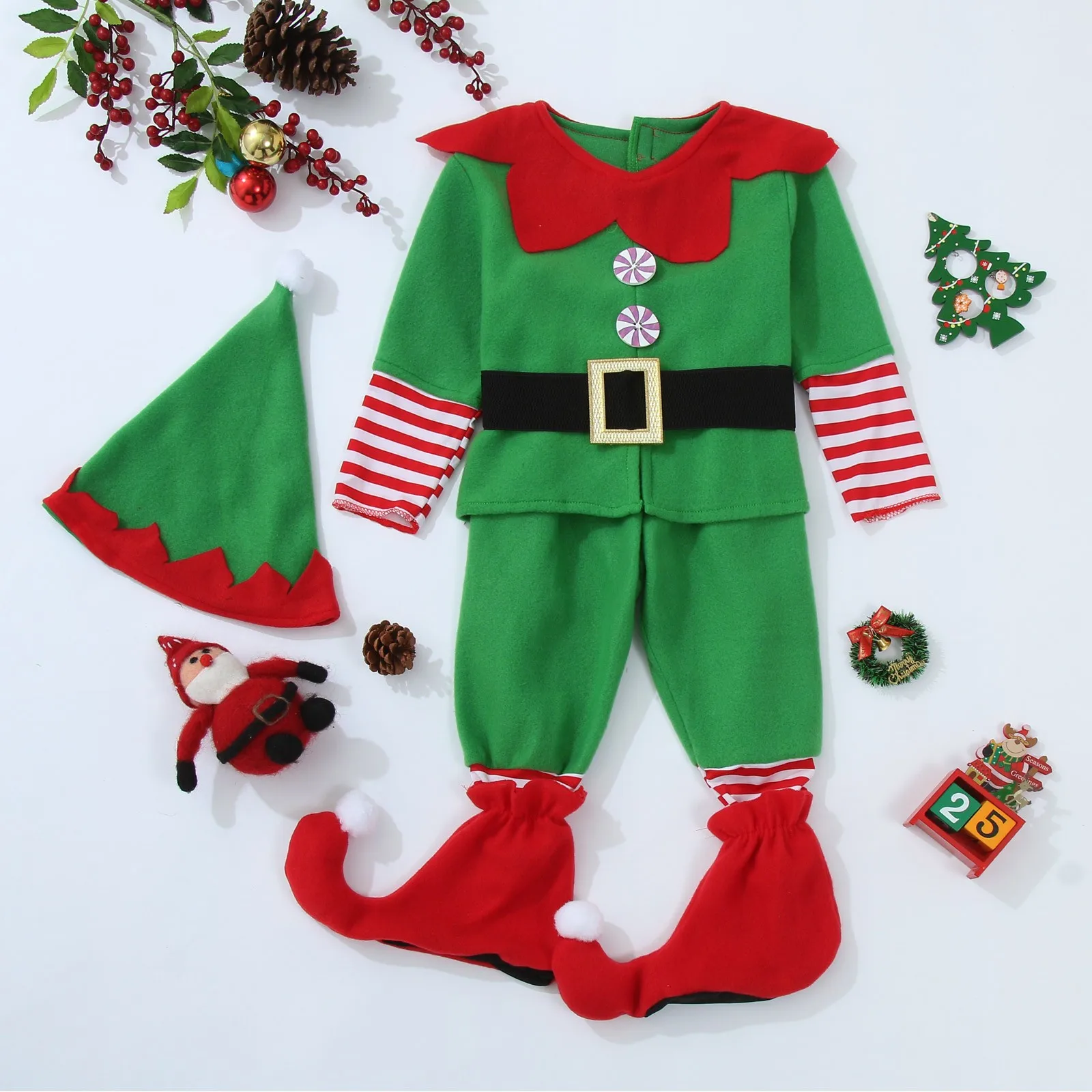 Green Elf Boys Girls Christmas Cosplay Costume Festival Santa Clause Set for Kids New Year Tops Pants Hat Belt Xmas Party Dress