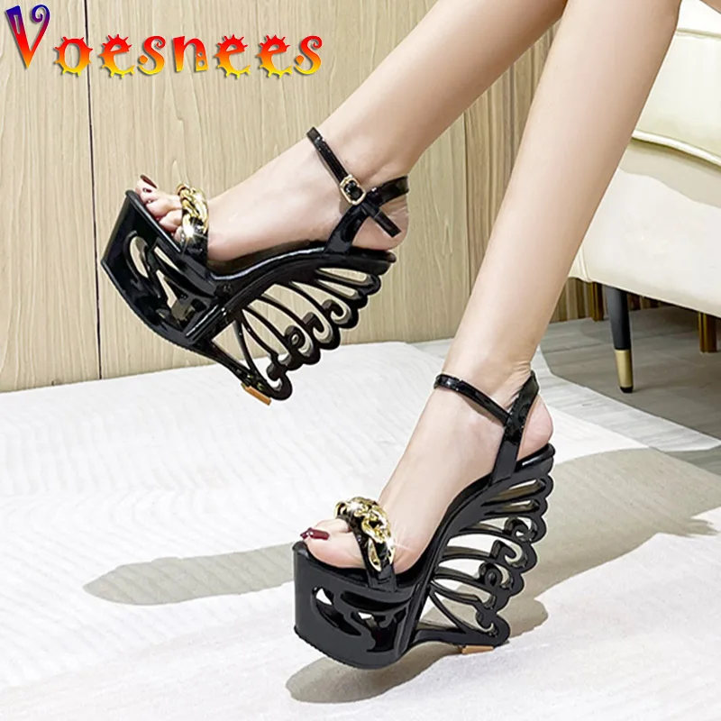 Women Summer Sandals Hollow Out Platform Party Wedges Shoes Fashion Metal Chain Decoration Solid Color Catwalk Model High Heels