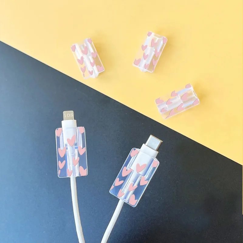 5pcs Soft Silicone Charger Cable Winder Cord INS Pink Love Case Clip for Apple IPhone Data Fast Charging Cable Protector Sleeve