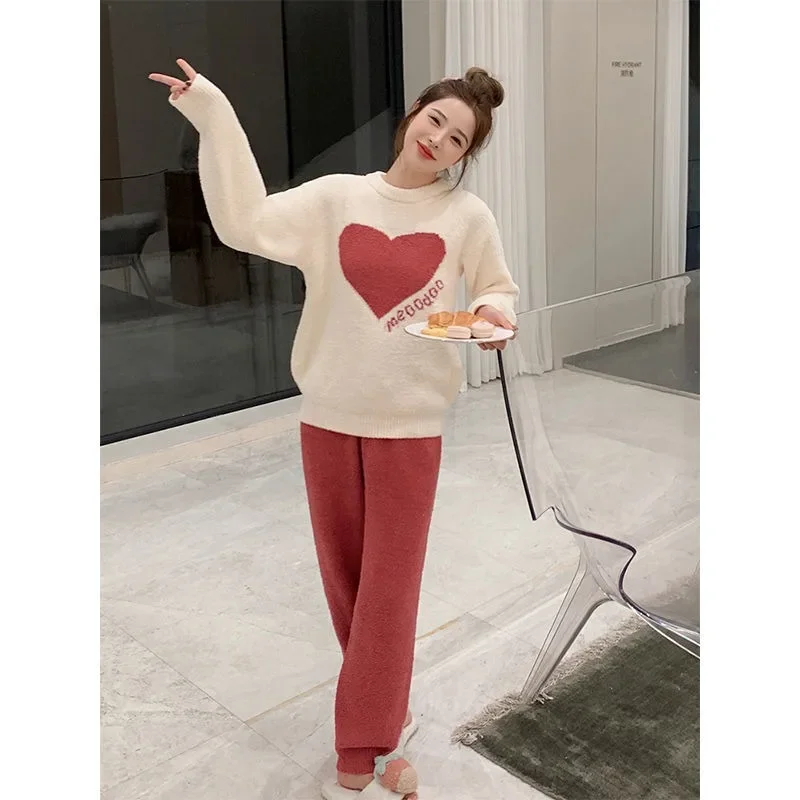 Soft Nightwear Female Autumn /winter Coral Velvet Love Can Be Worn Outside The Home Clothes and Thick Warm Net Red Two-piece Set