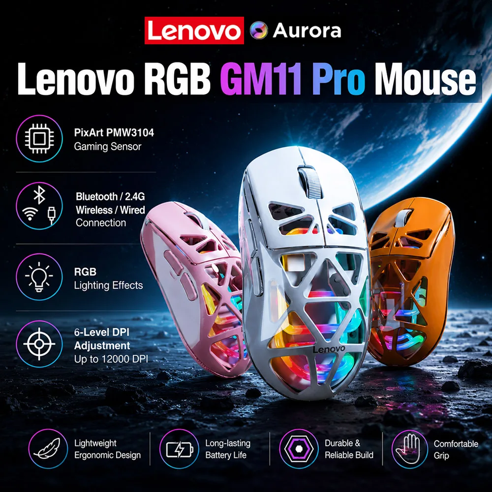 Lenovo Aurora Gaming Mouse GM11 Pro RGB 3-mode 2.4G Wireless Bluetooth 12000 DPI Adjustable Lightweight Portable Rechargeable