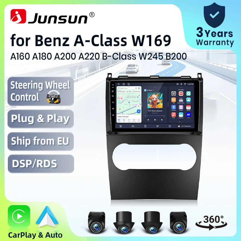 Autoradio sans fil Junsun CarPlay Android Auto pour Mercedes-Benz Classe A (W169) / Classe B (W245) 2008-2012 avec ventilateur de refroidissement intégré, navigation GPS Android, lecteur multimédia, WiFi, DSP, RDS, BT, SWC, écran tactile IPS, autoradio, lecteur vidéo, unité principale, stéréo