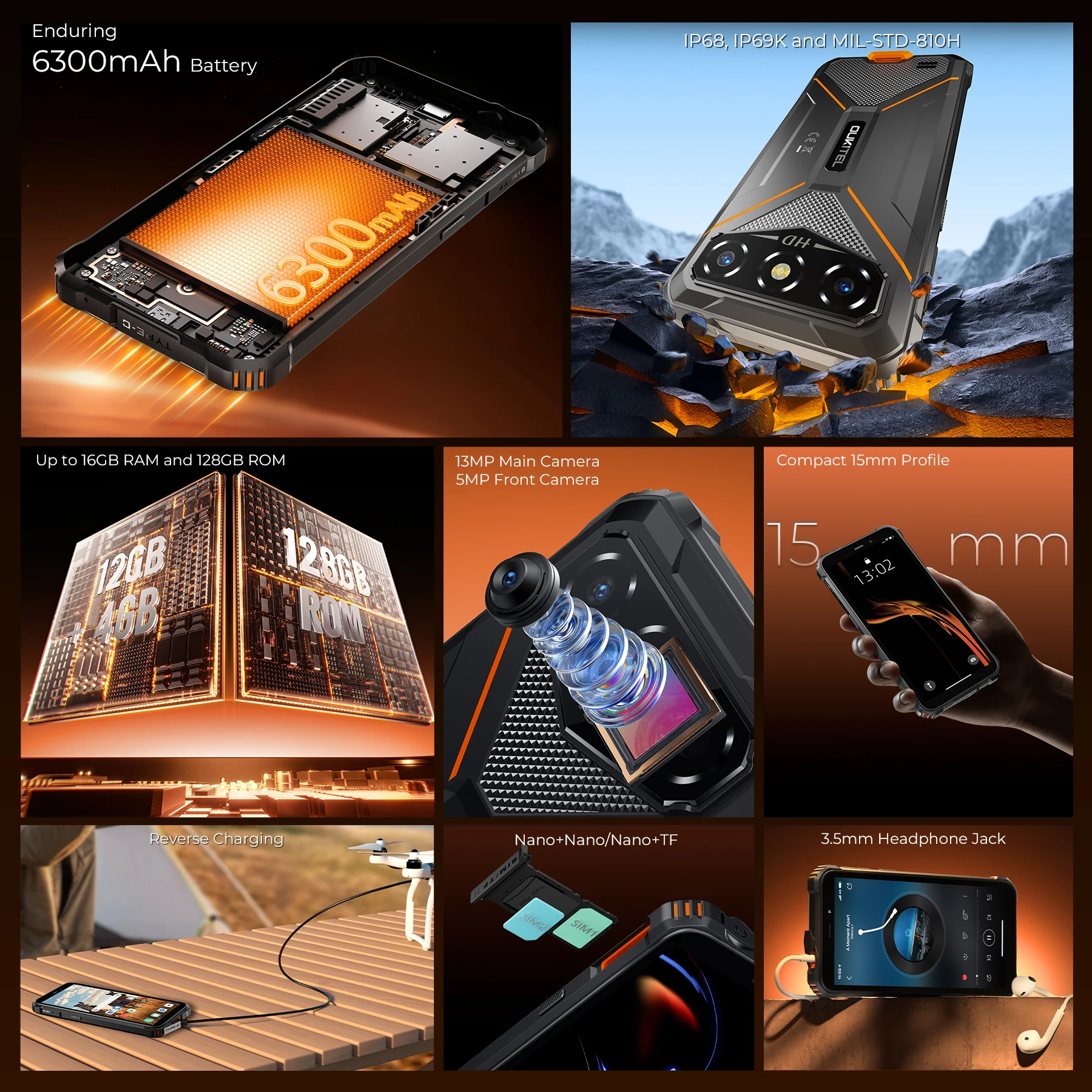 OUKITEL G3 Rugged Phone Android 15, 16(4+12)GB+128GB , 6300mAh Battery, IP68 IP69K Waterproof martphone, 6