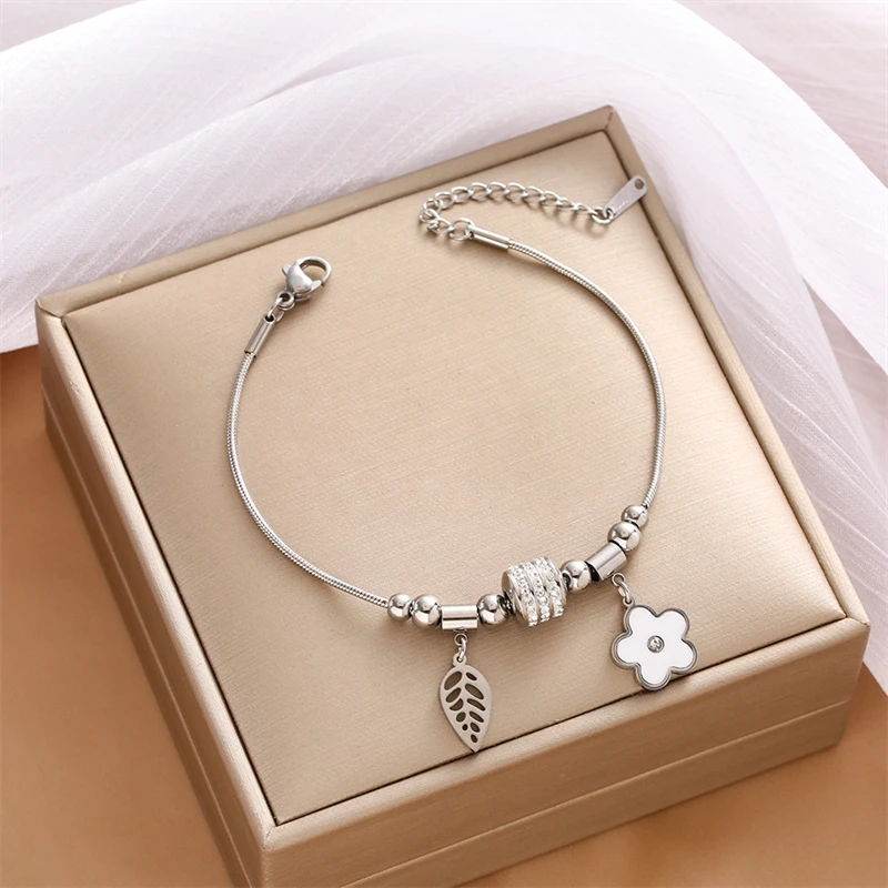 316L Stainless Steel New Fashion Fine Waterproof Jewelry Zircon Beads Leaf Seashell Flower Charm Snake Chain Bracelets For Women