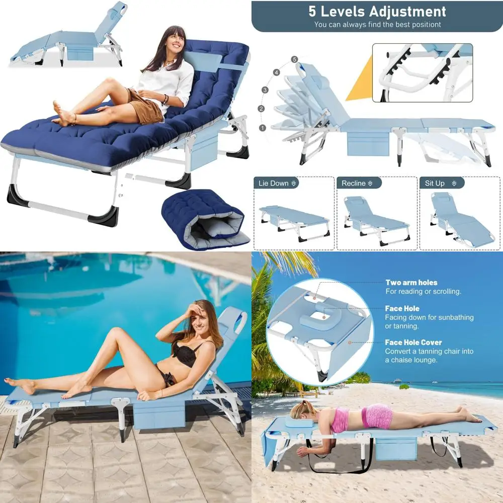 

Portable Outdoor Folding Chaise Lounge Chair for Adults - 5-Position Adjustable Beach Bed Cot with Folding Frame