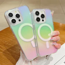 Rainbow Gradient Magnetic For Magsafe Case For iPhone 16 15 14 13 12 11 Pro Max 16 Plus 13 12 Mini Wireless Charging Clear Cover