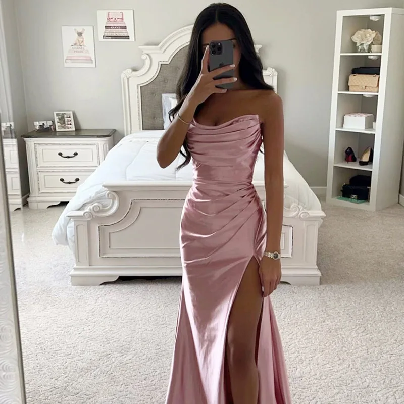 Women\'s Off Shoulder Backless Dress, Satin Split, Sexy Bodycon, Ruched, Evening, Birthday Party, Strapless Maxi Dress, Summer