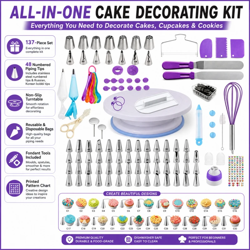 137-Piece Cake Decorating Kit, Rotating Turntable Stand, Complete Baking Supplies Set, Icing Piping Tools for Beginner Professio