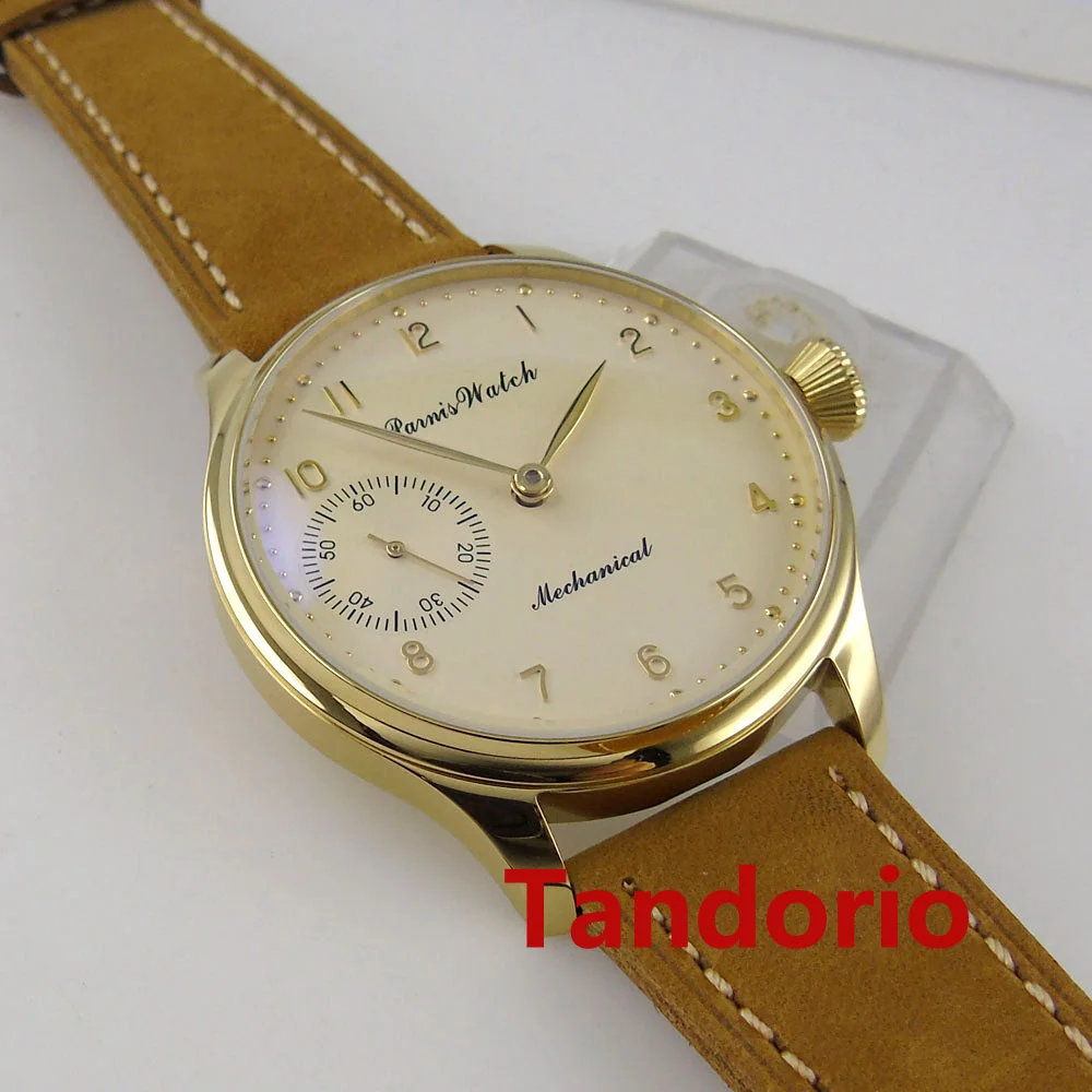 44mm Parnis Fashion 6497 Hand Winding Movement Beige Dial Golden Plated Polished Men Watch Glass Back Small Dial Leather Strap