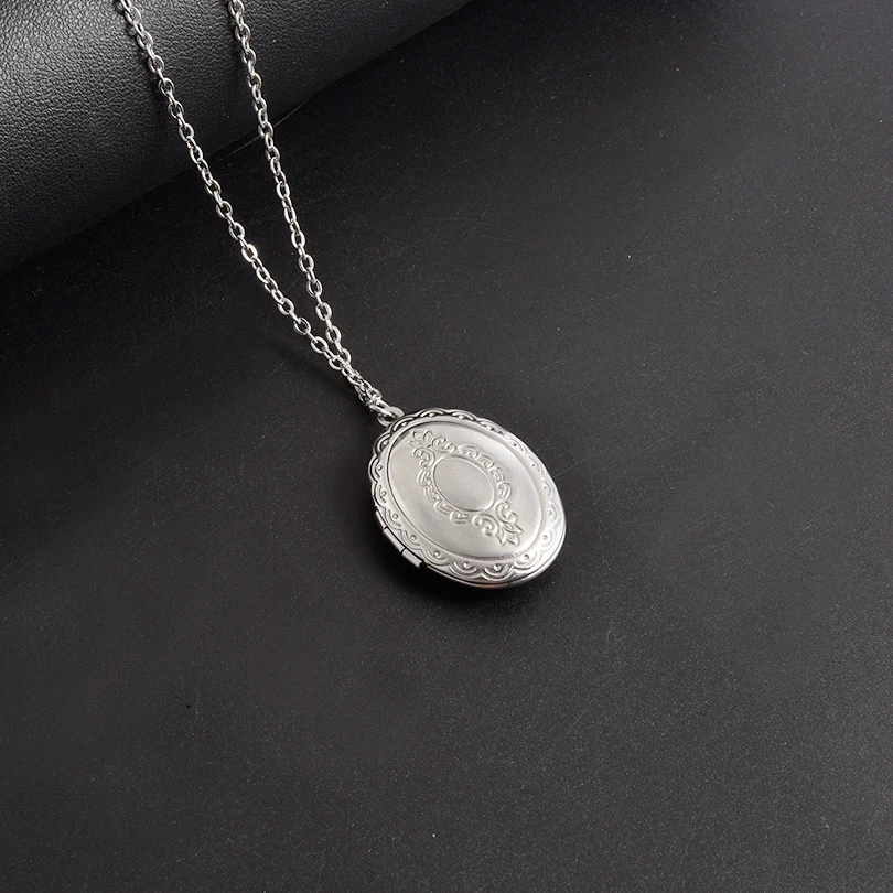 خمر فضي اللون قابل للفتح البيضاوي مربع القلب منحوتة زهرة شريط المنجد قلادة شيك إطار الصورة القلائد الفولاذ المقاوم للصدأ