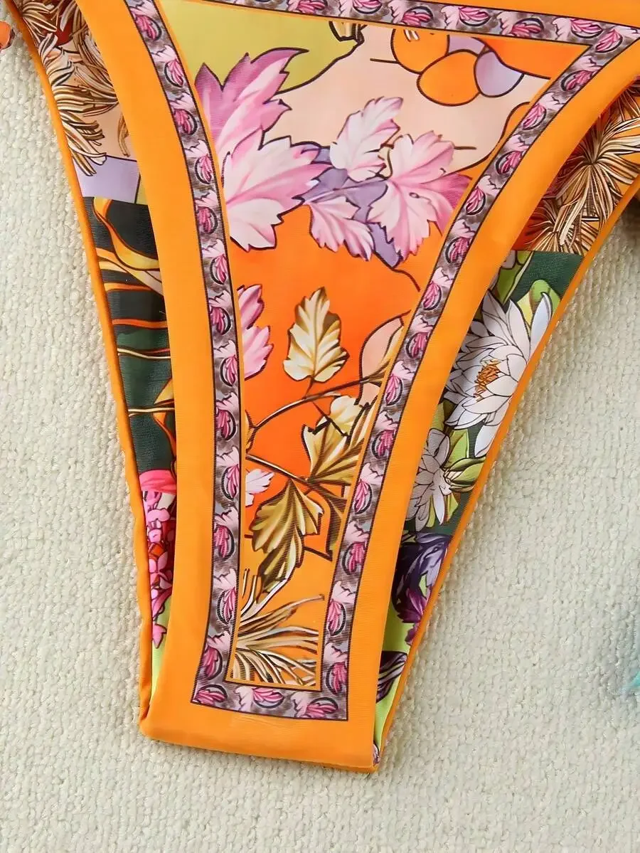 

Floral Print Tie-Front Bikini Swimsuit With Contrast Trim For Beach Vacation Party