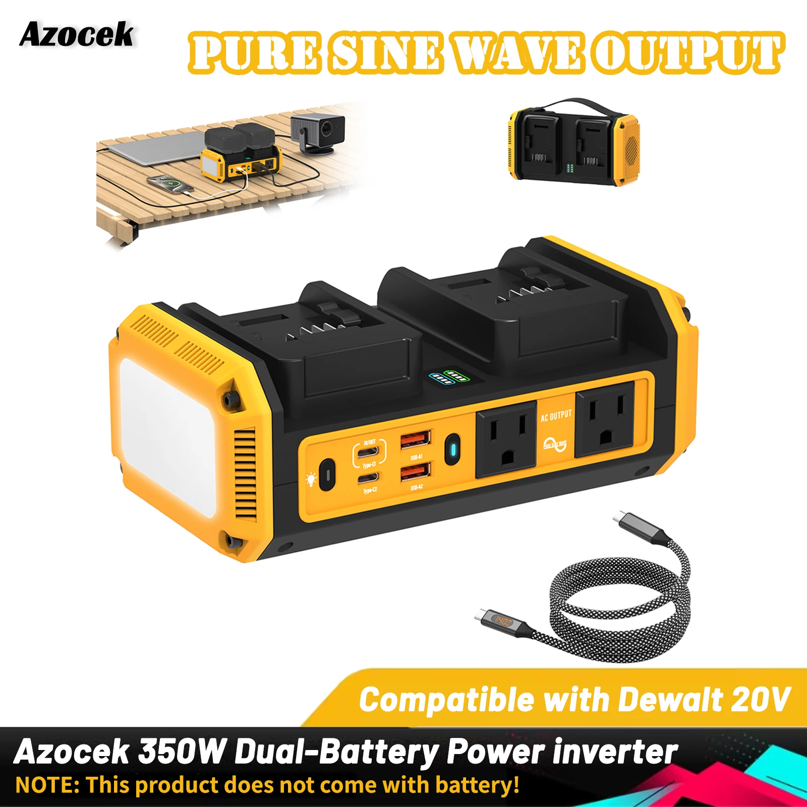 

Портативный инвертор питания Azocek 350 Вт, чистая синусоида, совместимый с батареей DeWalt 20 В, быстрое зарядное устройство 7 А и 6 выходными портами, светодиод 600LM