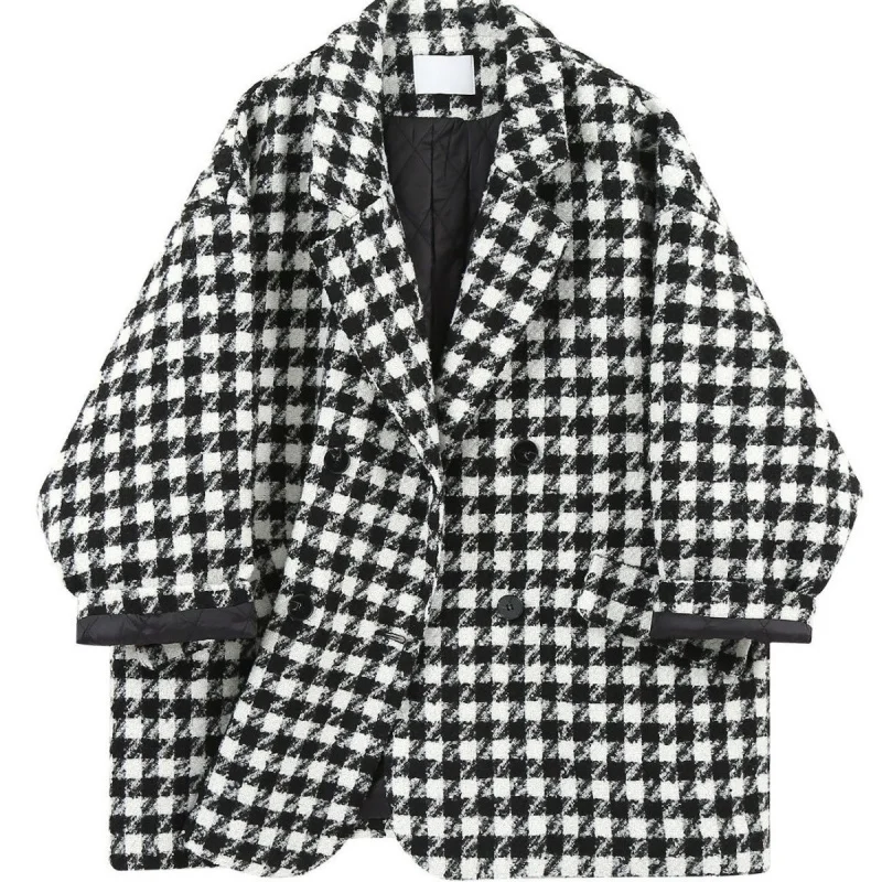 Premium Birdseye Check Wool Coat for Women | Oversized Blazer Jacket, Thickened Warm for All-Season (Autumn, Winter, Spring) w18