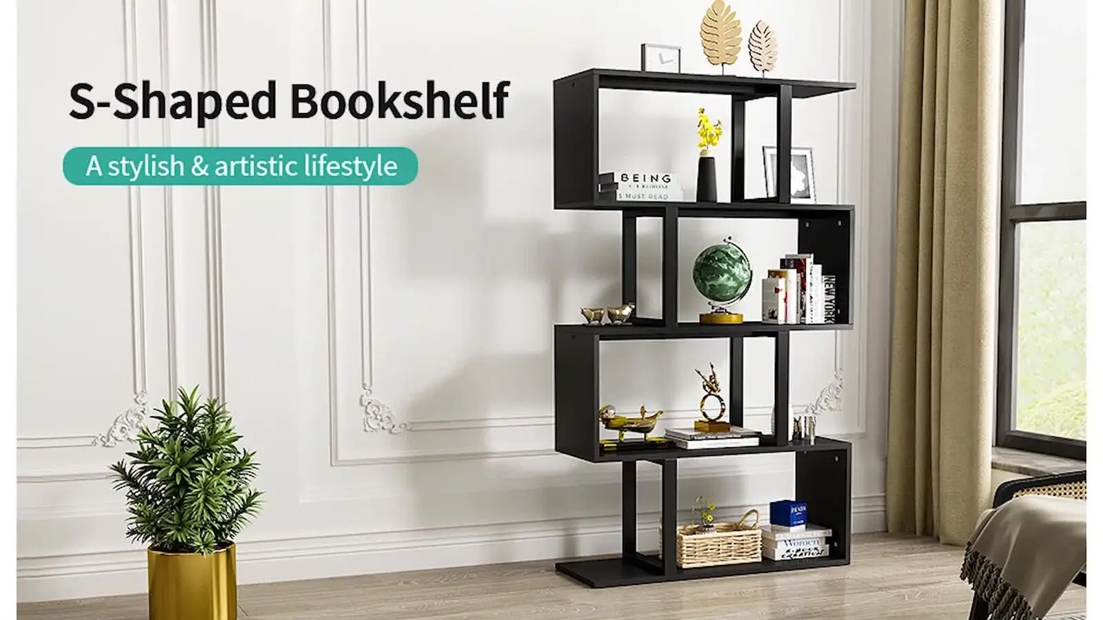 5-Tier Geometric Bookshelf S-Shaped Display Bookshelf Storage Room Divider Black