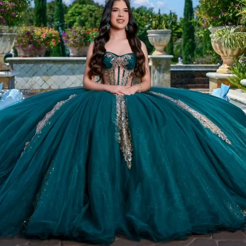 

Customized Shiny blackish green Quinceanera Dresses Off the Shoulder crystal sequin applique Lace Vestido De 15 Quinceanera