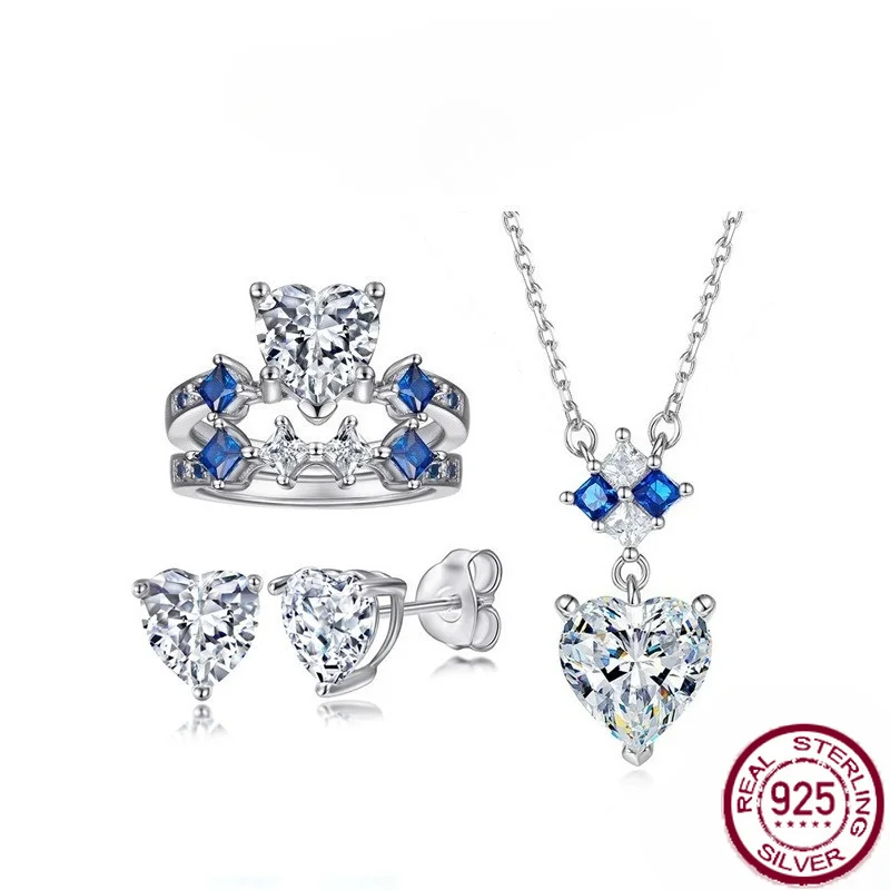 S925 sterling silver jewelry set heart-shaped zircon jewelry set ring earring necklace women's three piece set exquisite jewelry