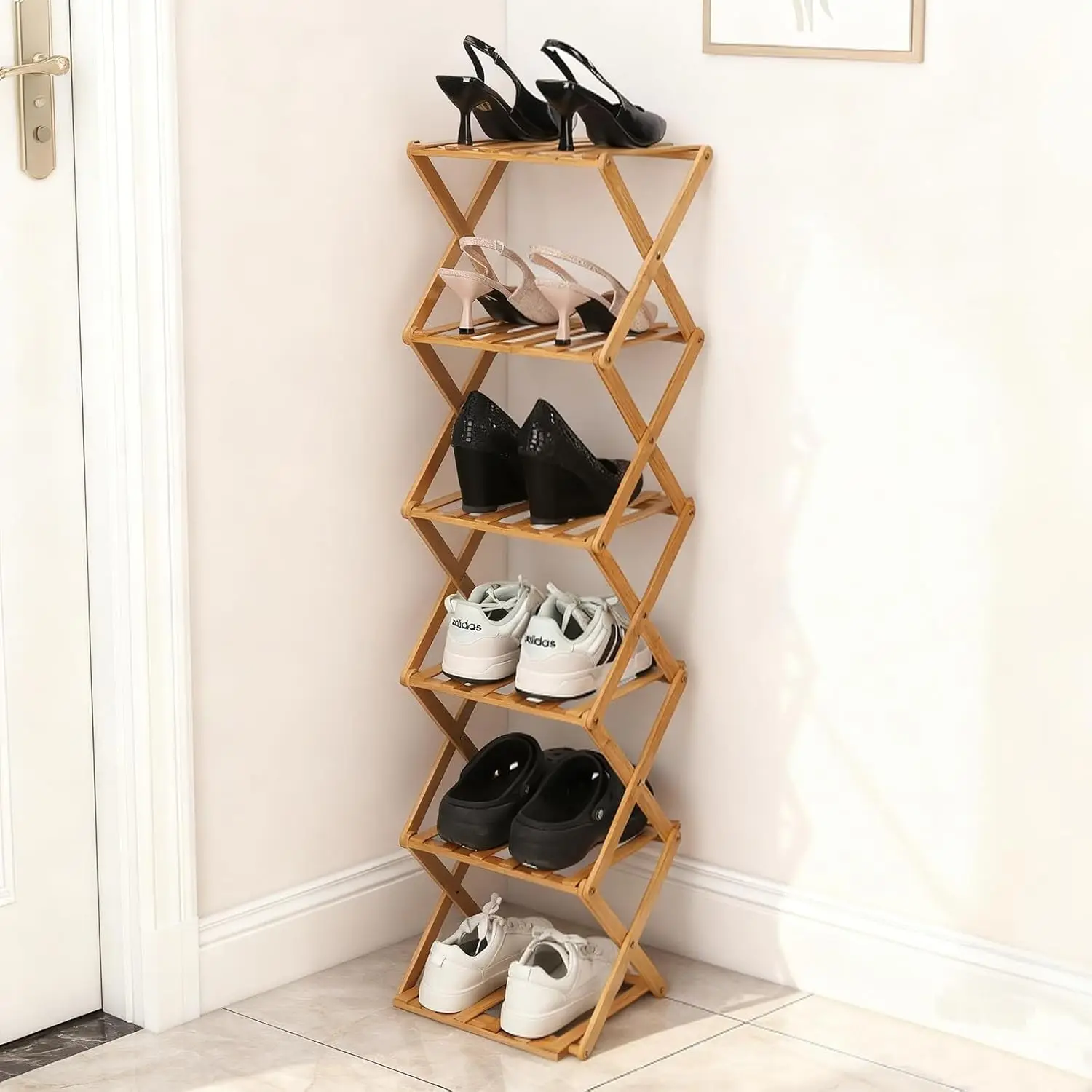 

6-Tier Foldable Bamboo Shoe Rack - Vertical Organizer, Wood Finish, Free Standing for Entryway, Closet, Bedroom