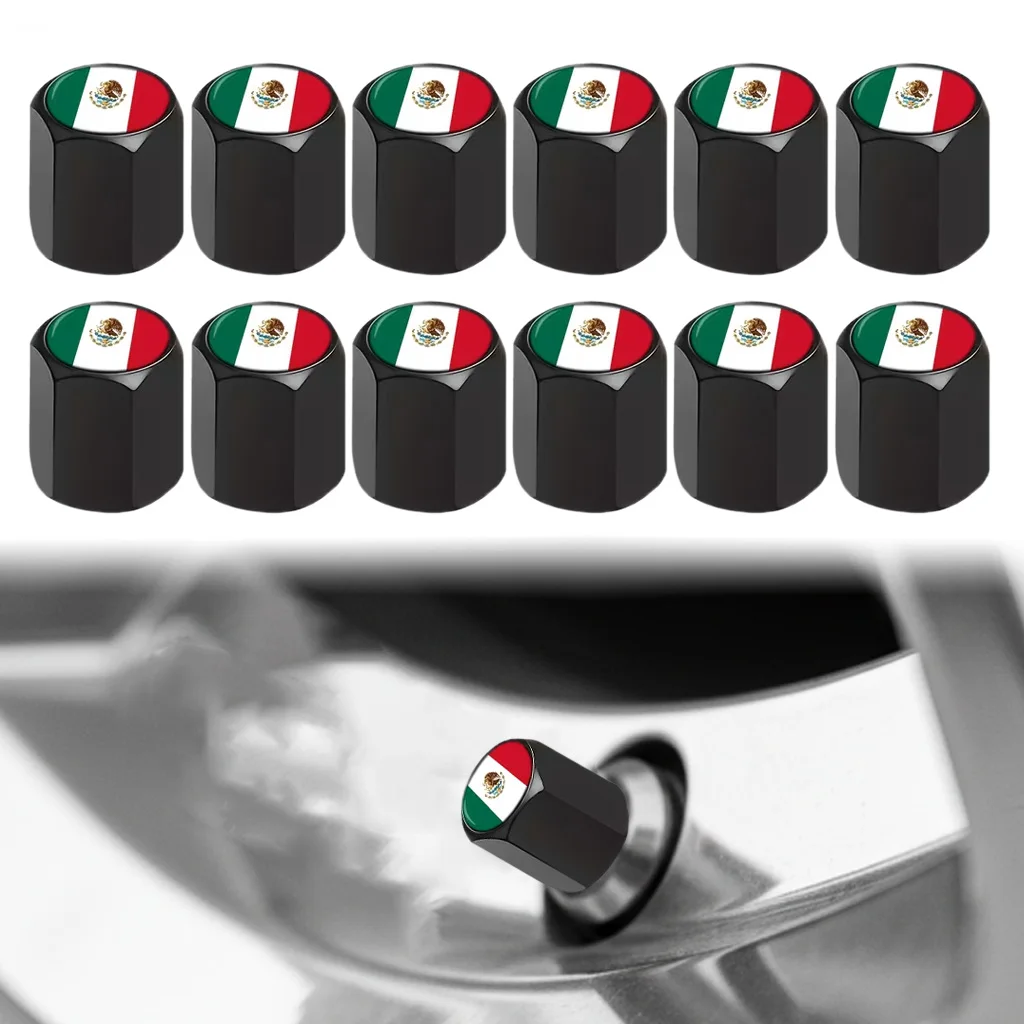 12Pcs Tire Valve Stem Caps, Mexico Style Flag Design Metal Wheel Accessories with Rubber Seal for Cars Trucks Motorcycles Bikes