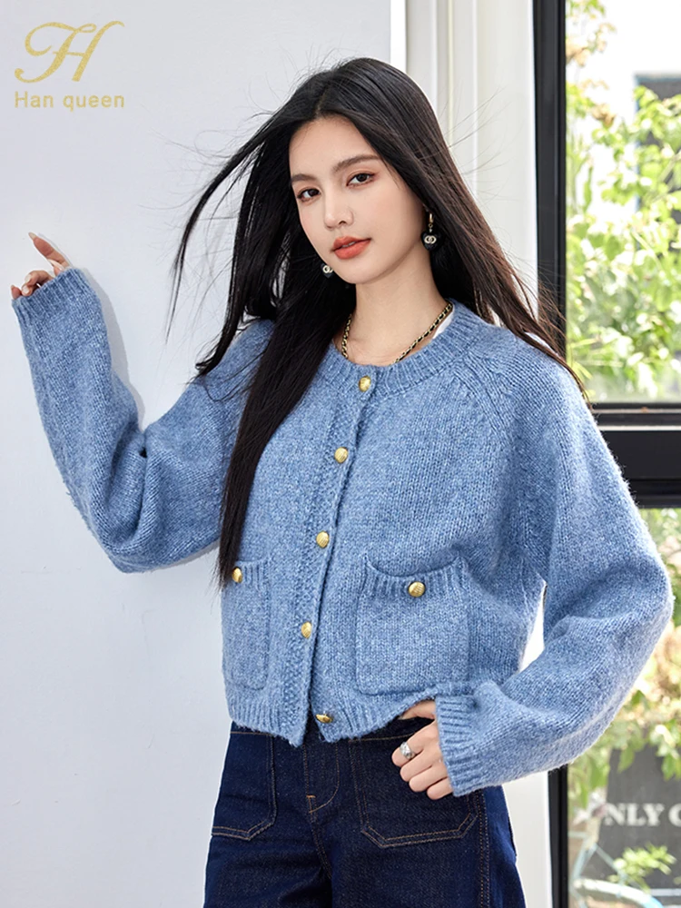 

H Han Queen Autumn Knitted Cardigan Sweater For Women Korean Chic Pocket Tops Simple Basic Casual Long Sleeve Vintage Coats