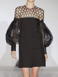 Yeezzi Women Fashion Sexy Hollow See-through Prom Party Mini Dresses 2024 New Autumn Long Puff Sleeves Loose Urban Black Dress