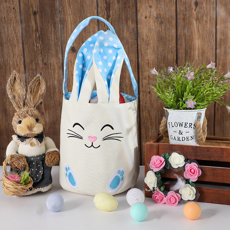 Bunny Easter Basket Empty Canvas Easter Bucket Rabbit Ears for Babies Kids Boys Girls Easter Egg Party Favor Decorations Handbag