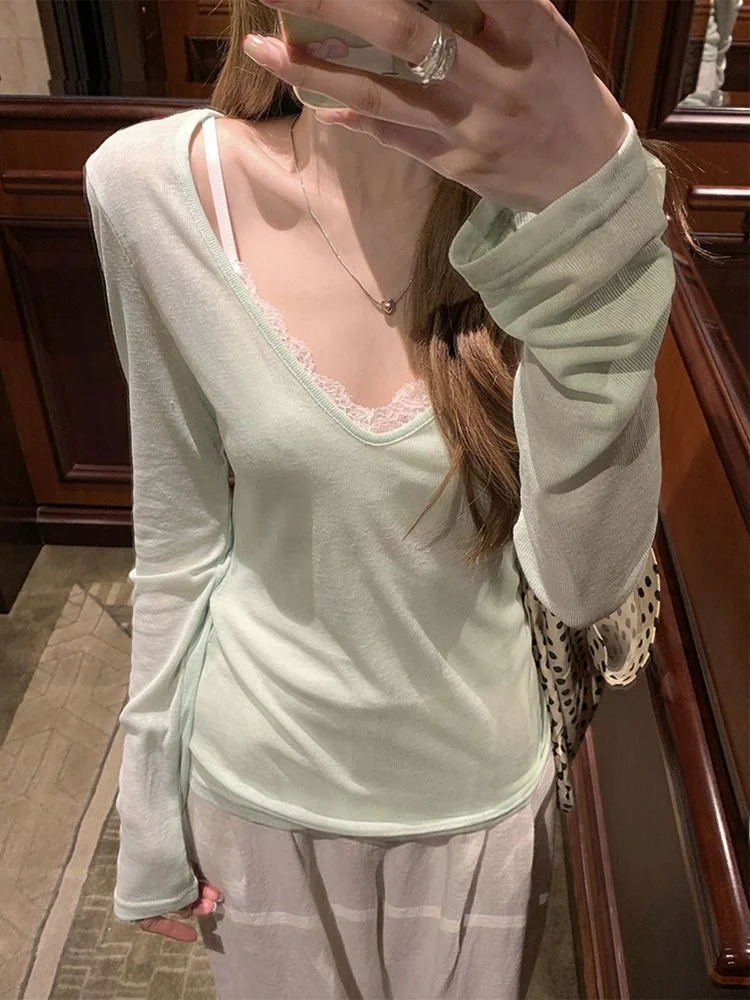 Csa de Protección Solar de Manga Larga con Capas Suaves Estilo Coreano para Mujer, Top de Manga Larga con Ribete de Encaje...