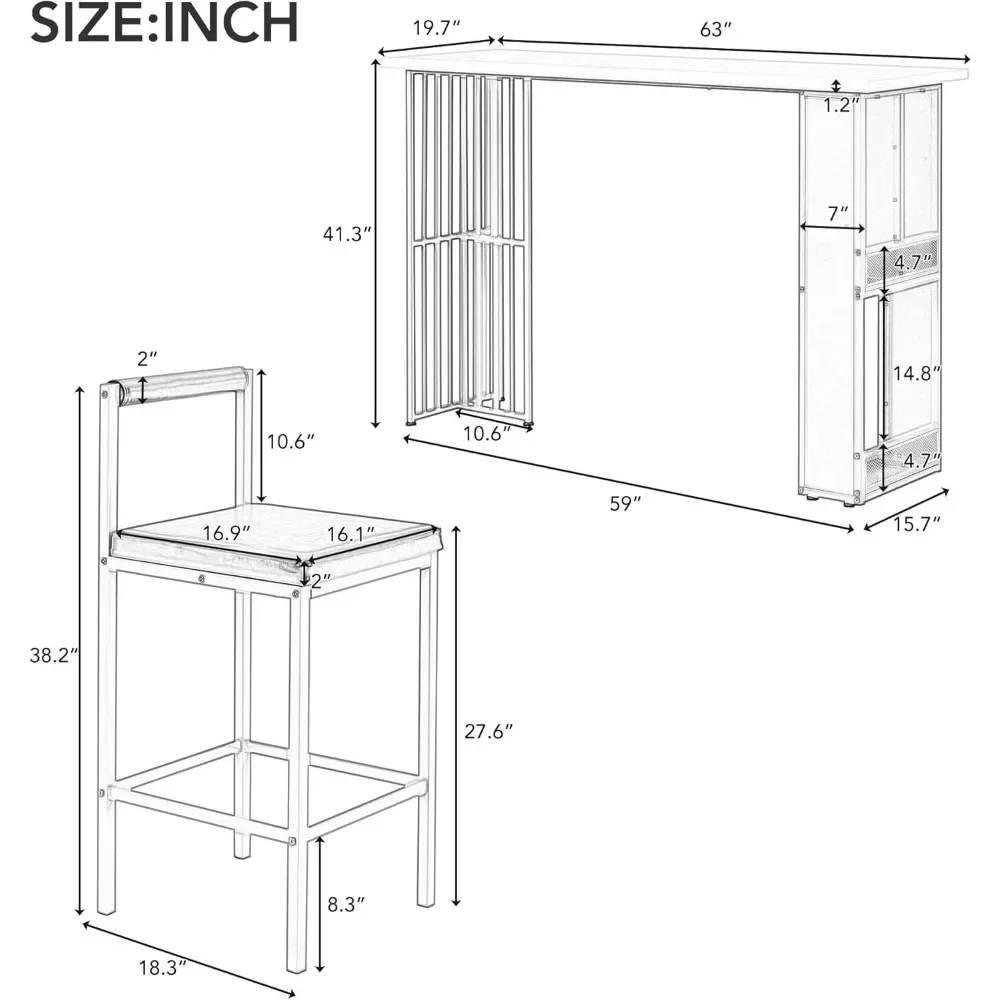 Set tavolo da bar da pranzo da 7 pezzi ad altezza bancone, tavolo da pranzo ad altezza bancone da 63 pollici con ripiani aperti e 6 sgabelli imbottiti